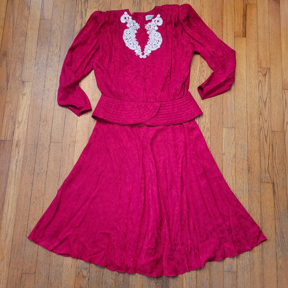 Argenti 14 2pc Skirt Set Red Silk Floral Jacquard Lace Peplum Vintage Secretary